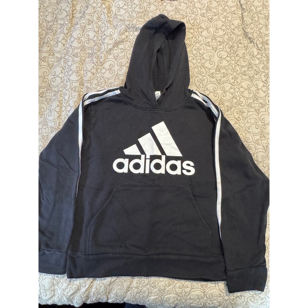 Adidas Kids Hoodie Sweatshirt Black White Logo Pullover Long Sleeve M (10/12)